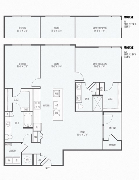 Floor plan for 2 beds, 2 baths, 1359 sqft